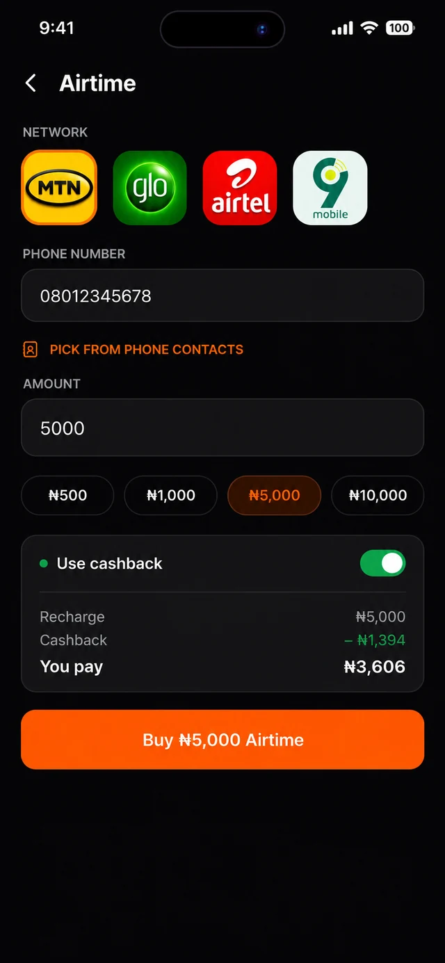 Kati airtime purchase screen