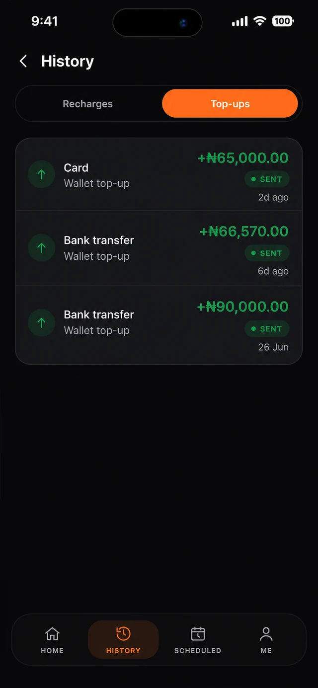 Kati wallet top-up history screen
